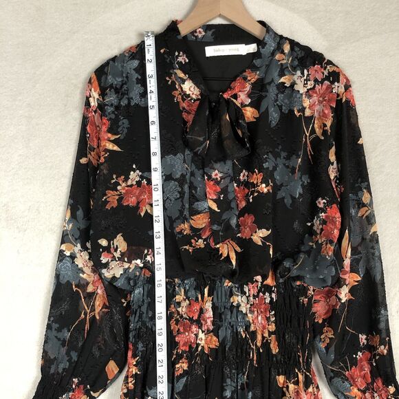 BISHOP + YOUNG Maxi Dress Sz M Floral Chiffon Smocked Waist Cuffs Lined Tie Neck - Picture 8 of 16